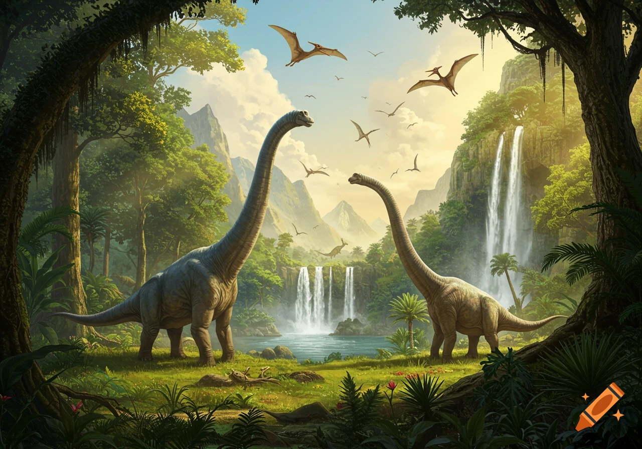 Two large, long-necked dinosaurs stand in a lush prehistoric jungle with multiple waterfalls, mountains, and flying pterodactyls.