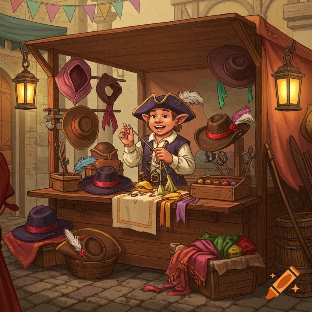 An illustrated fantasy scene of a smiling halfling haberdasher selling various hats and goods at a market stall.
