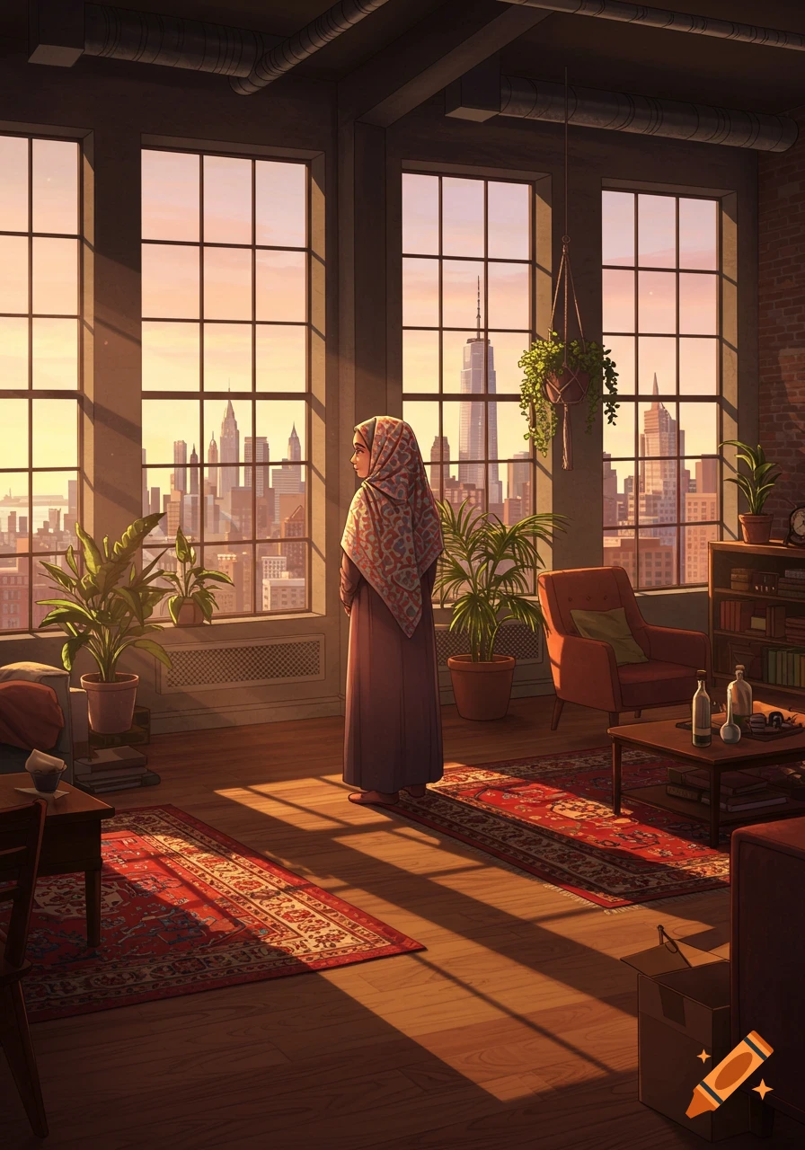 An illustrated scene of a Muslim woman in a New York apartment, gazing out a large window at the city skyline during sunset.