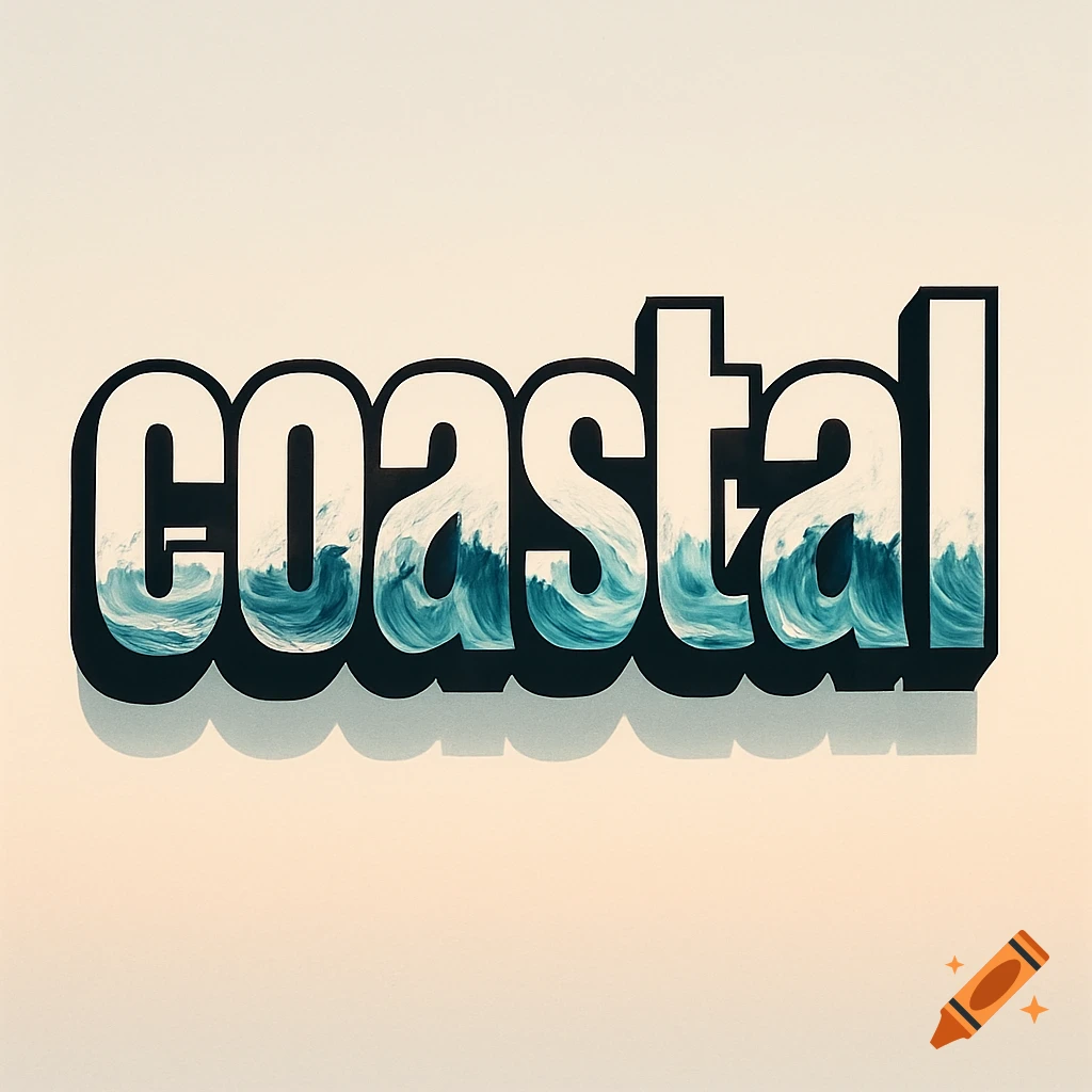 The word "coastal" in thick block letters with a black outline, filled with stylized blue ocean waves, on a light beige background.