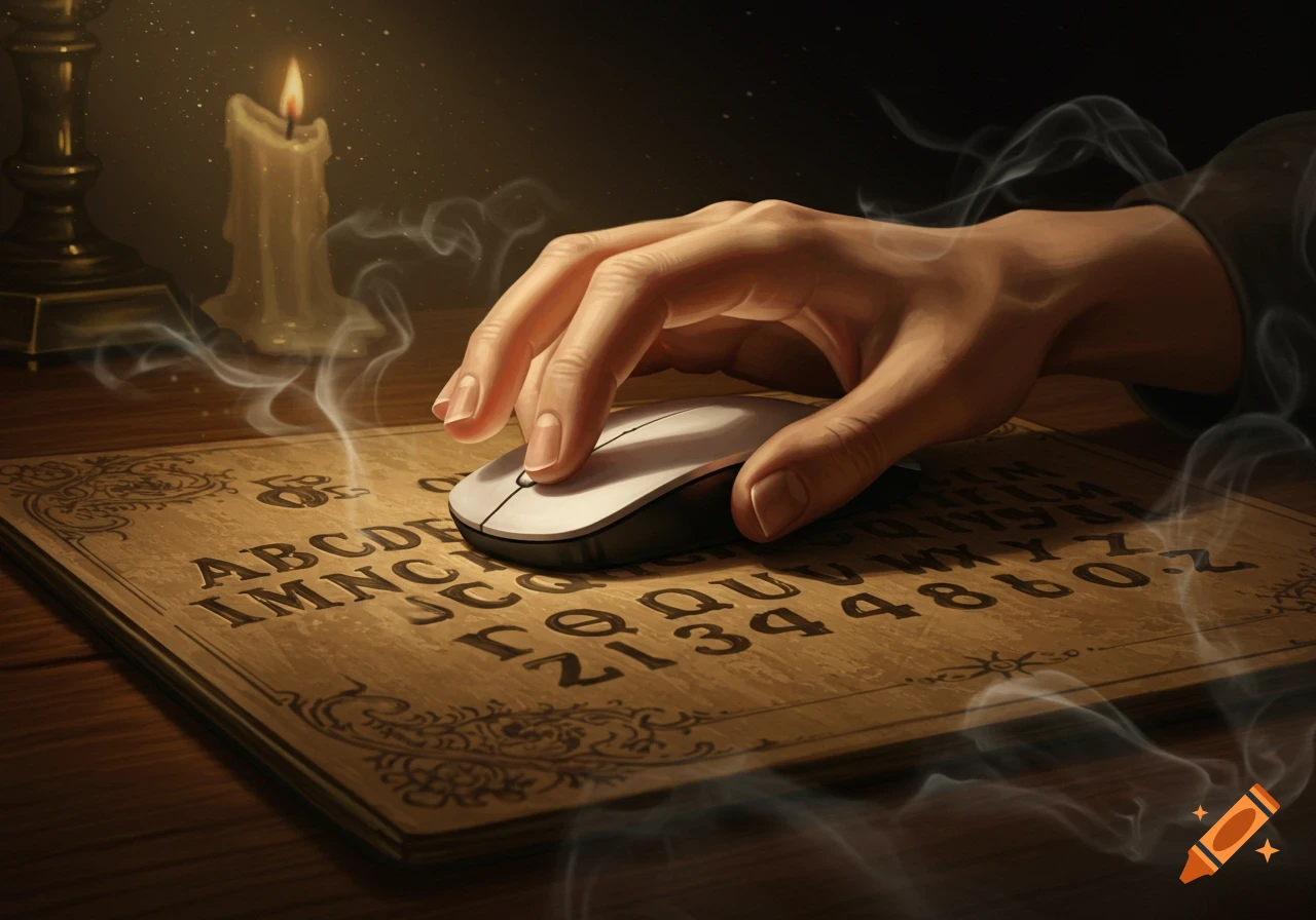 A hand uses a computer mouse on an alphabet-laden ouija board, illuminated by a flickering candle and smoke, in a dark, mysterious setting.