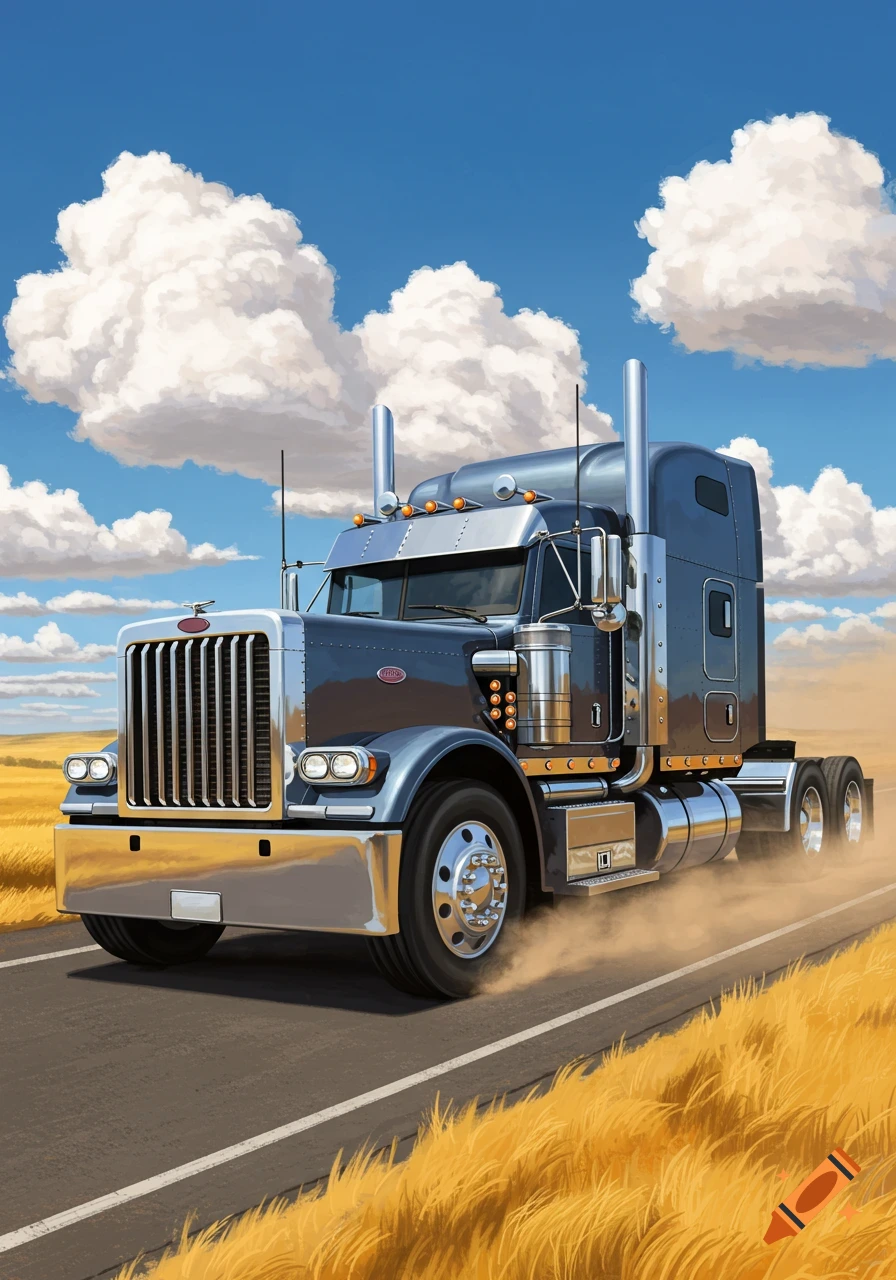 A dark gray semi-truck with chrome details drives down a road through a golden field under a blue sky with fluffy white clouds, in an illustrative style.