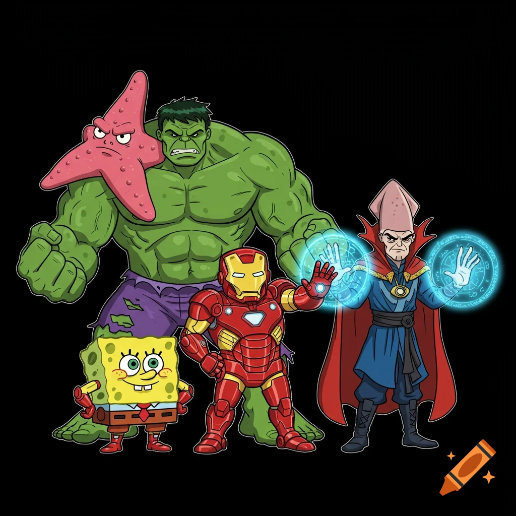 SpongeBob as Iron Man, Patrick as Hulk, and Squidward as Doctor Strange in a cartoon superhero mashup on a black background.