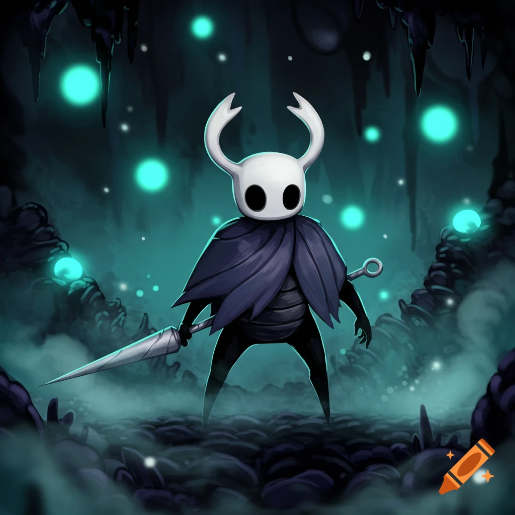 The Knight from Hollow Knight stands in a dark, glowing cave, holding a sword. Stylized digital art.