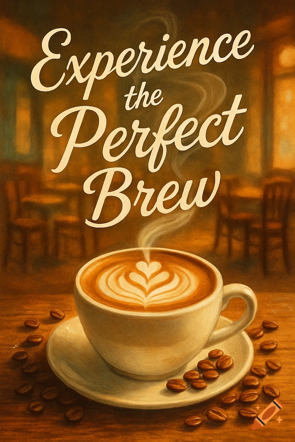 Stylized poster advertising coffee with a cup of latte art, steam, and scattered coffee beans on a wooden table in a cafe.
