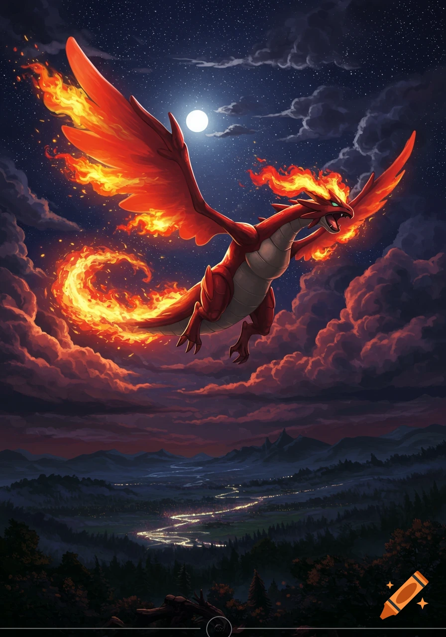 A fiery red dragon-like Pokmon flies high in a starry night sky with a full moon over a dark forest and winding river.