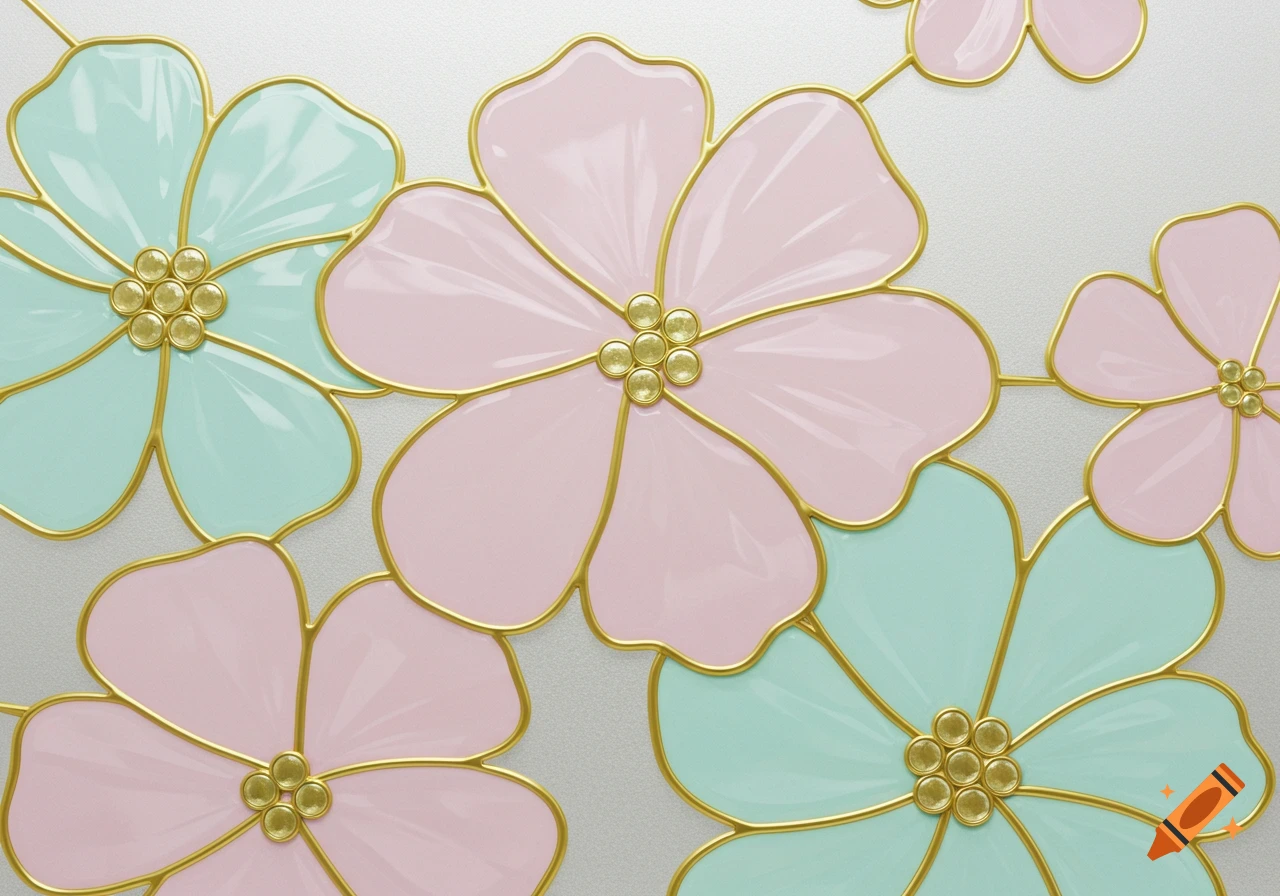 Stylized pink and mint green stained-glass flowers with golden outlines on a frosted gray background.