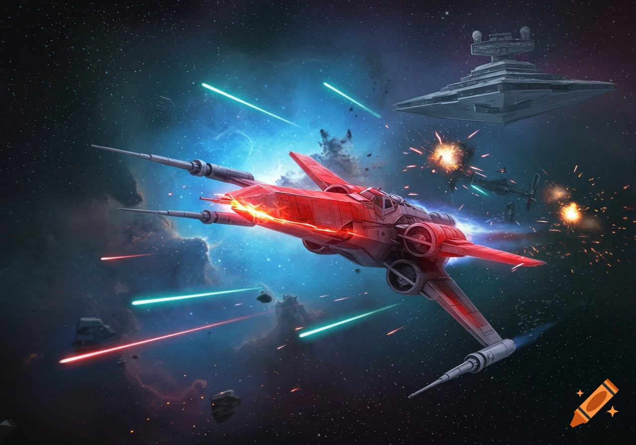 A red starfighter battling a Star Destroyer in a vast, star-filled nebula with laser fire and explosions.
