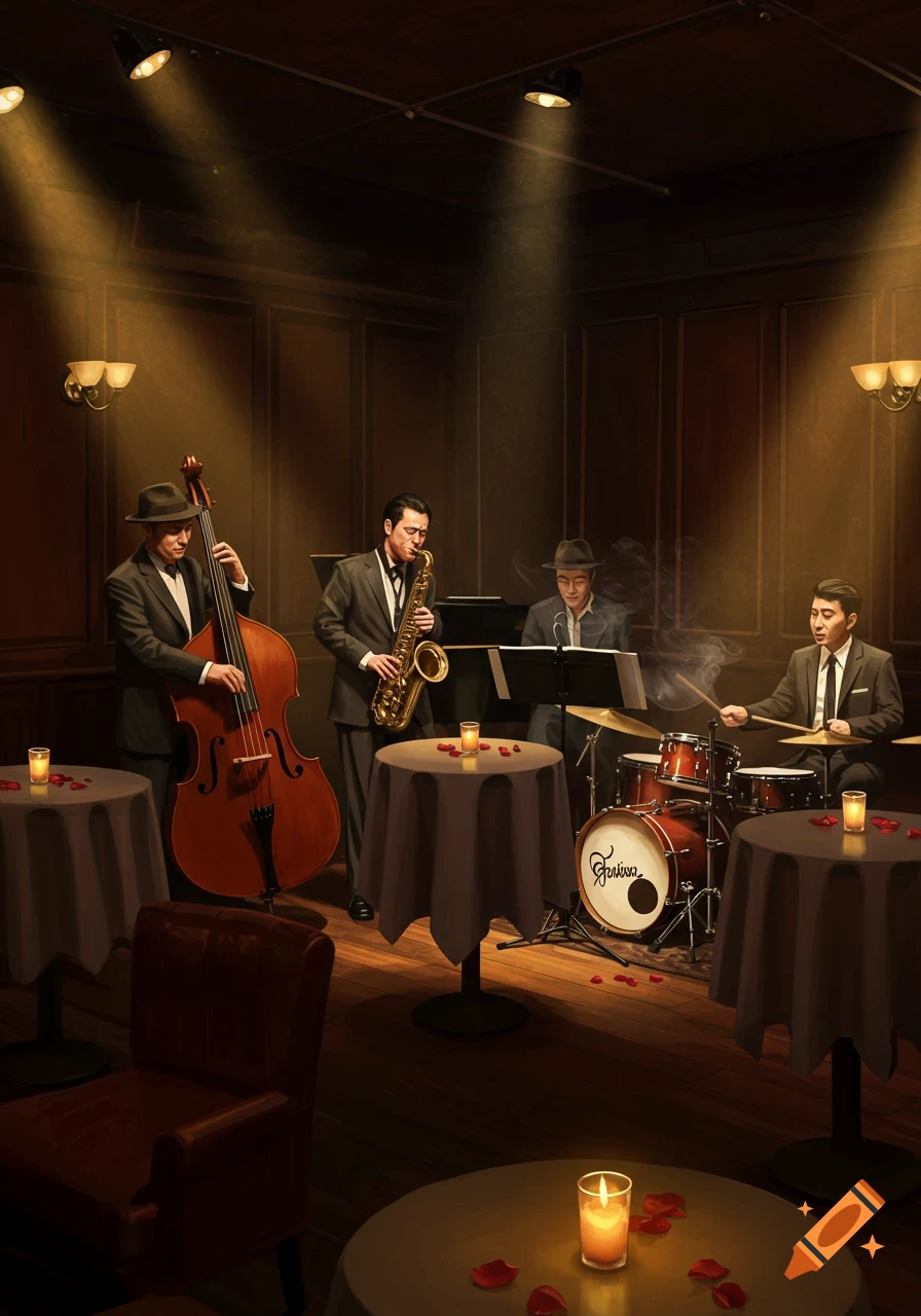 Four Asian jazz musicians play upright bass, saxophone, drums, and piano in a dimly lit bar with tables and candles. Realistic illustration.