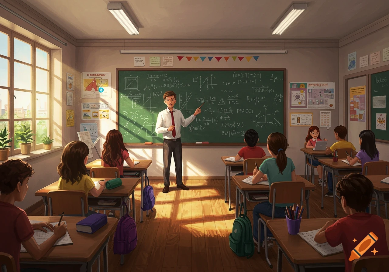 An illustrated classroom scene with a male teacher pointing at a blackboard full of math equations, as students sit at desks and write.