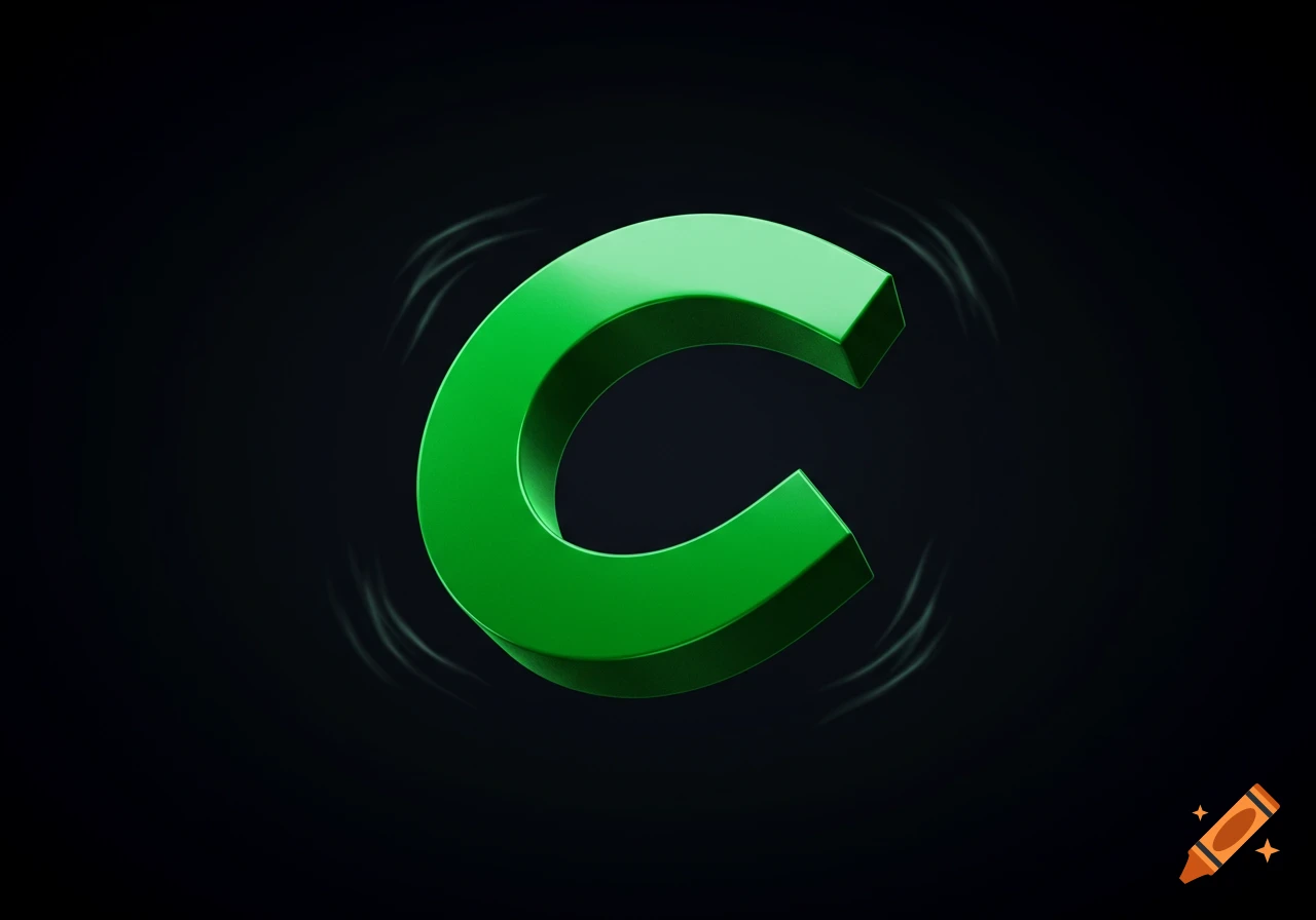 A glossy, emerald green 3D letter 'C' or horseshoe magnet against a dark, subtly textured background with faint wavy lines.
