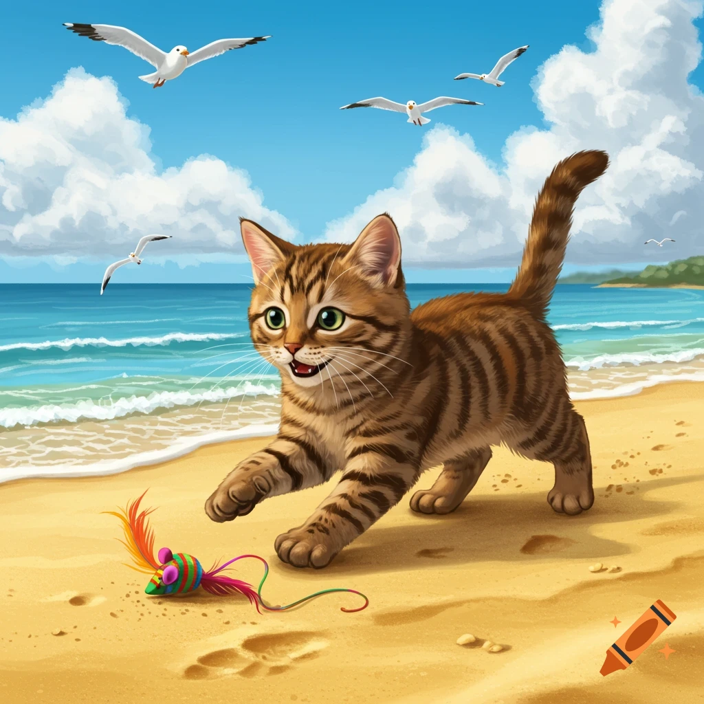 A cute illustrated brown tabby kitten runs on a sandy beach, playing with a colorful mouse toy, with seagulls flying overhead.