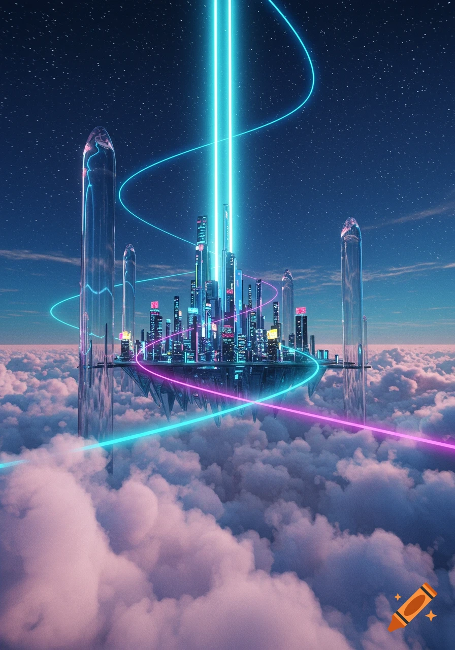 A futuristic neon cityscape of glass towers floats above pink clouds under a starry night sky.