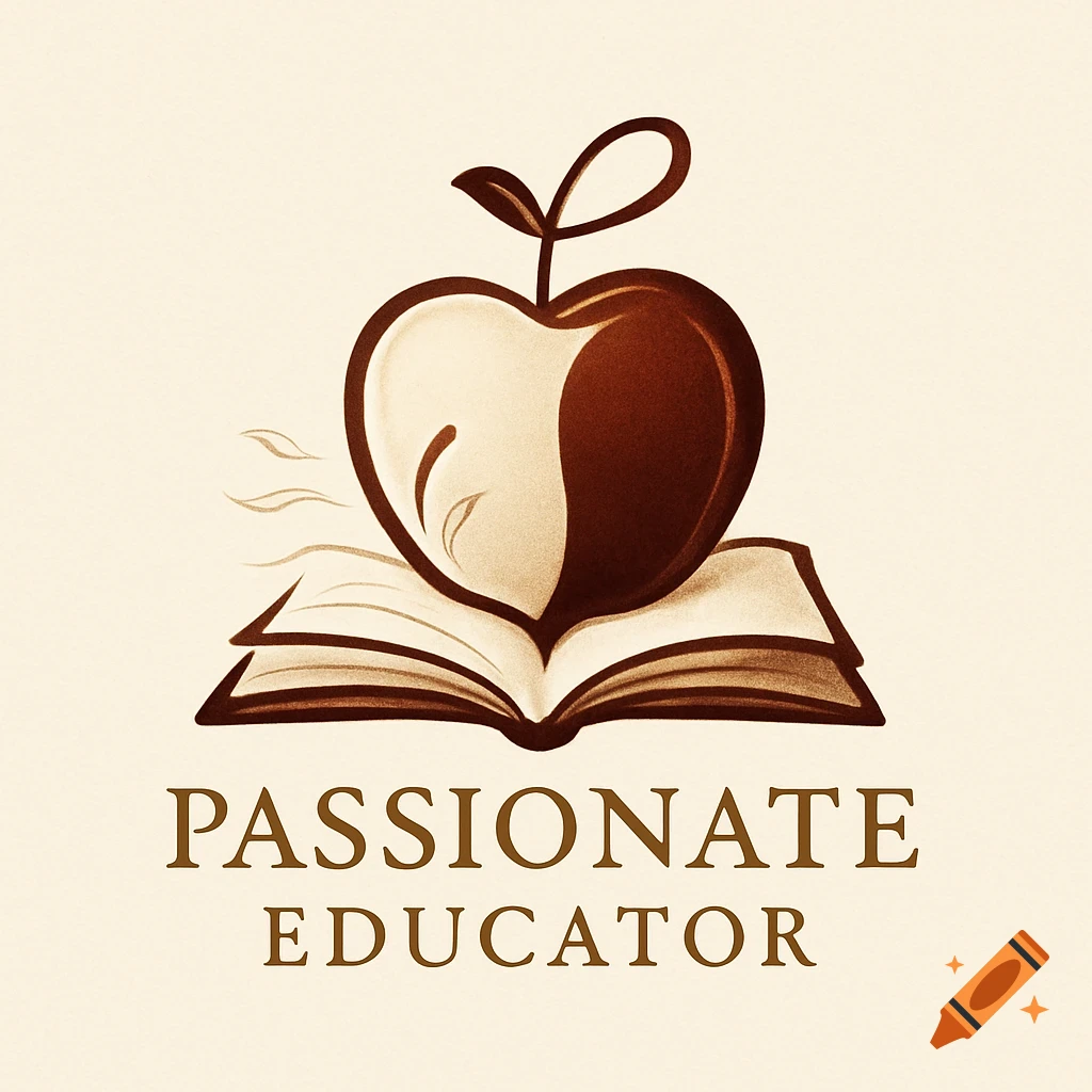 Stylized sepia-toned logo with a heart-shaped apple on an open book, above the text 'PASSIONATE EDUCATOR'.