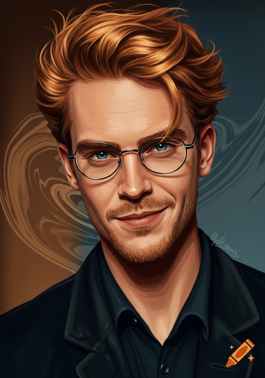 Close-up digital art portrait of a smiling man with reddish-blonde hair and glasses, set against a swirling abstract background.