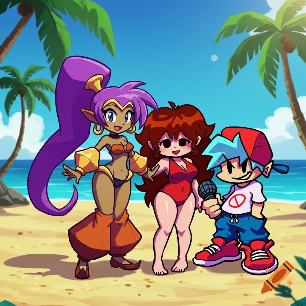 Cartoon characters Shantae, Girlfriend, and Boyfriend on a sunny beach with palm trees.