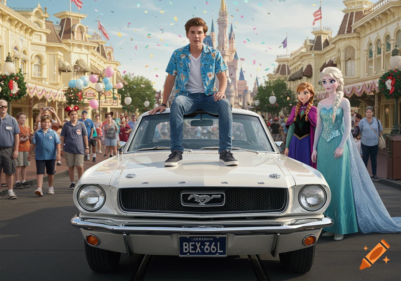A young man stands on the hood of a white 1968 Ford Mustang on Main Street U.S.A. in Magic Kingdom, with Anna and Elsa beside the car and a crowd watching.
