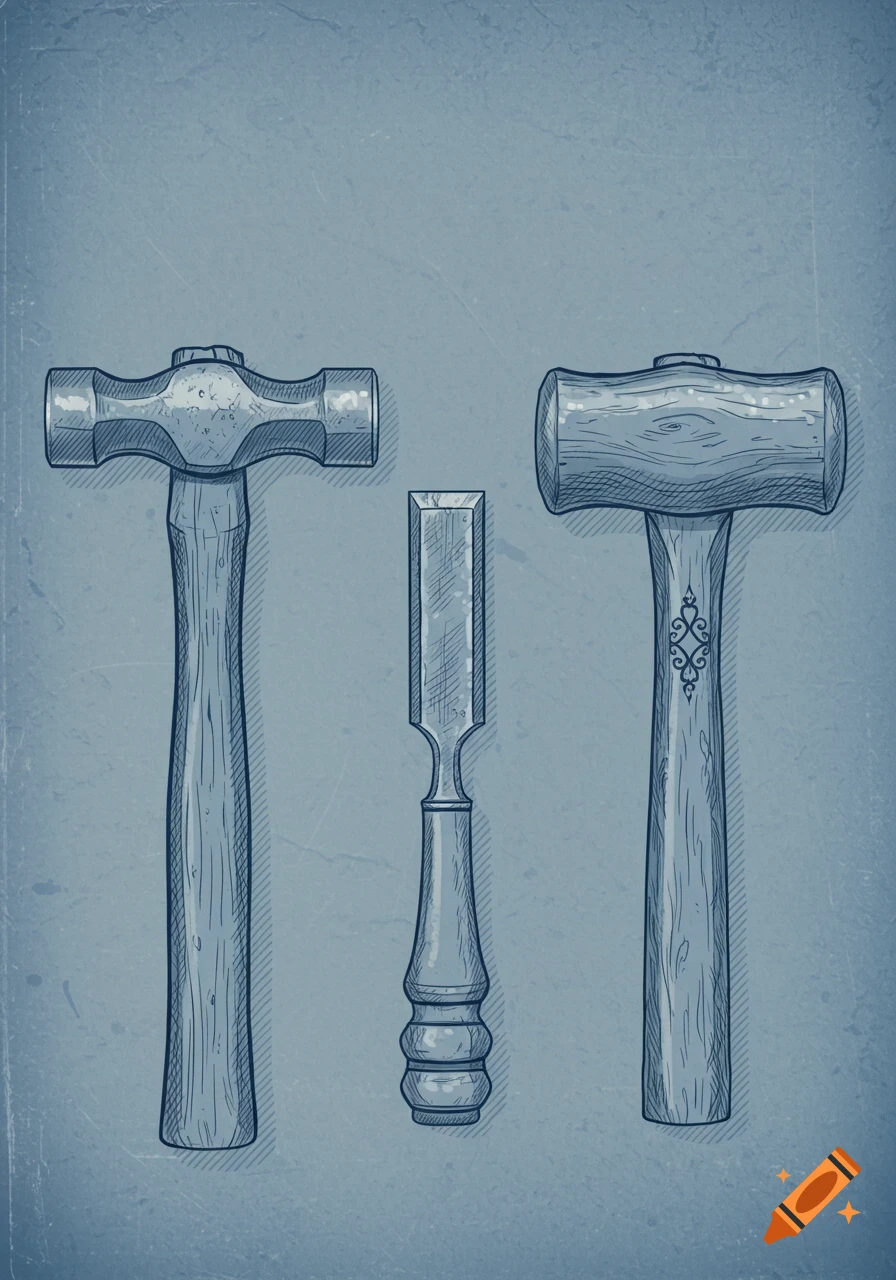 Blue line drawing of a ball-peen hammer, a chisel, and a wooden mallet on a textured background.