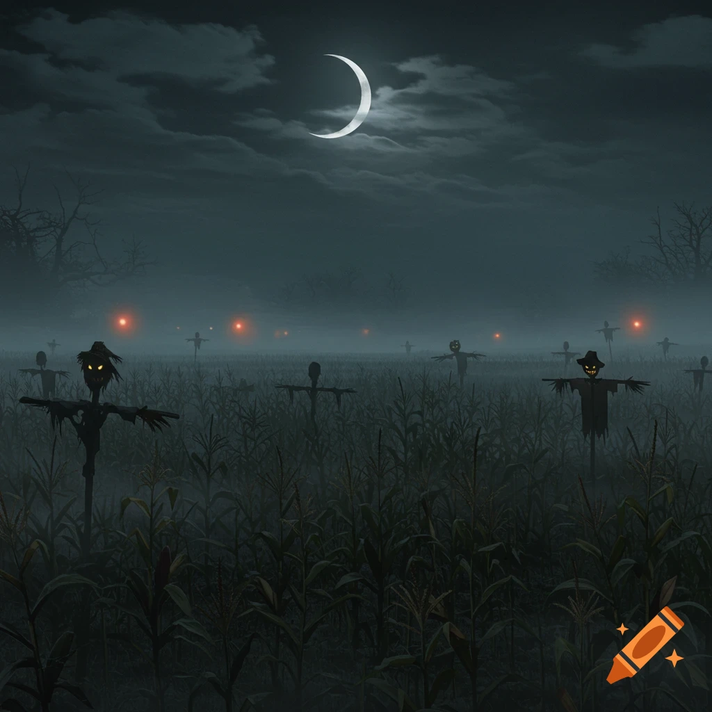 A spooky night scene in a misty cornfield filled with glowing-eyed scarecrows under a crescent moon, digital art.