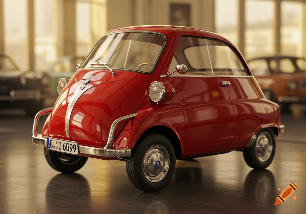 A photorealistic image of a vintage red BMW Isetta parked on a reflective floor in a garage.