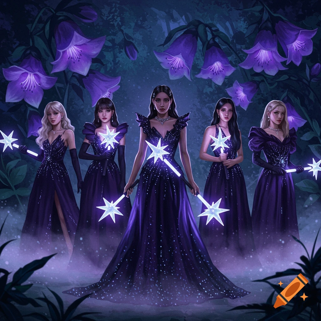 Five women in sparkly purple gowns hold glowing star light sticks in a mystical forest with purple bell flowers, illustration.