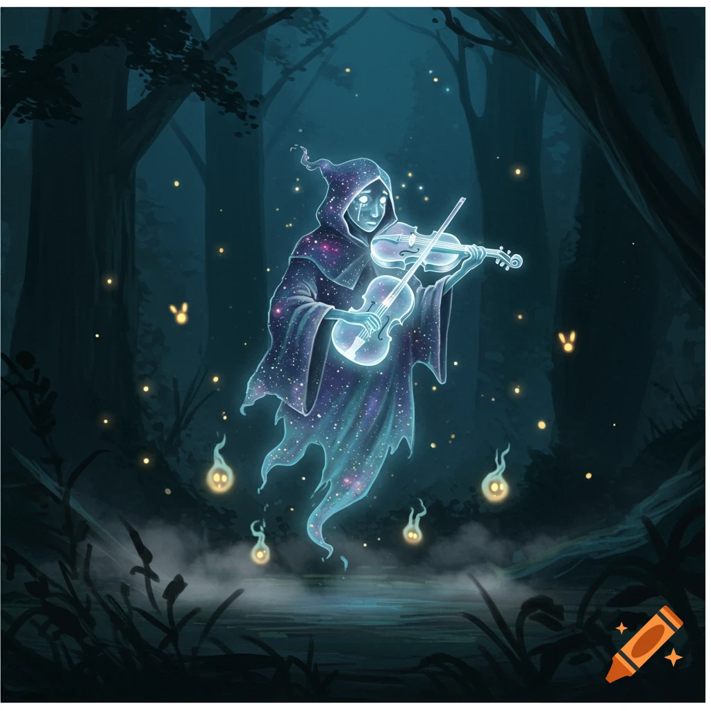 A spectral, cloaked figure plays a glowing, starry violin in a dark, misty forest with glowing wisps.