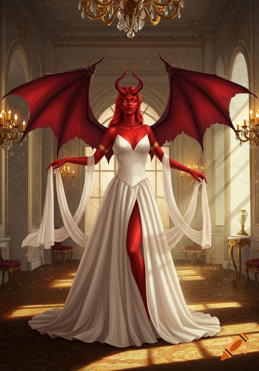 A red-skinned devil woman with horns and large red bat-wings stands majestically in a flowing white dress in an ornate royal room.
