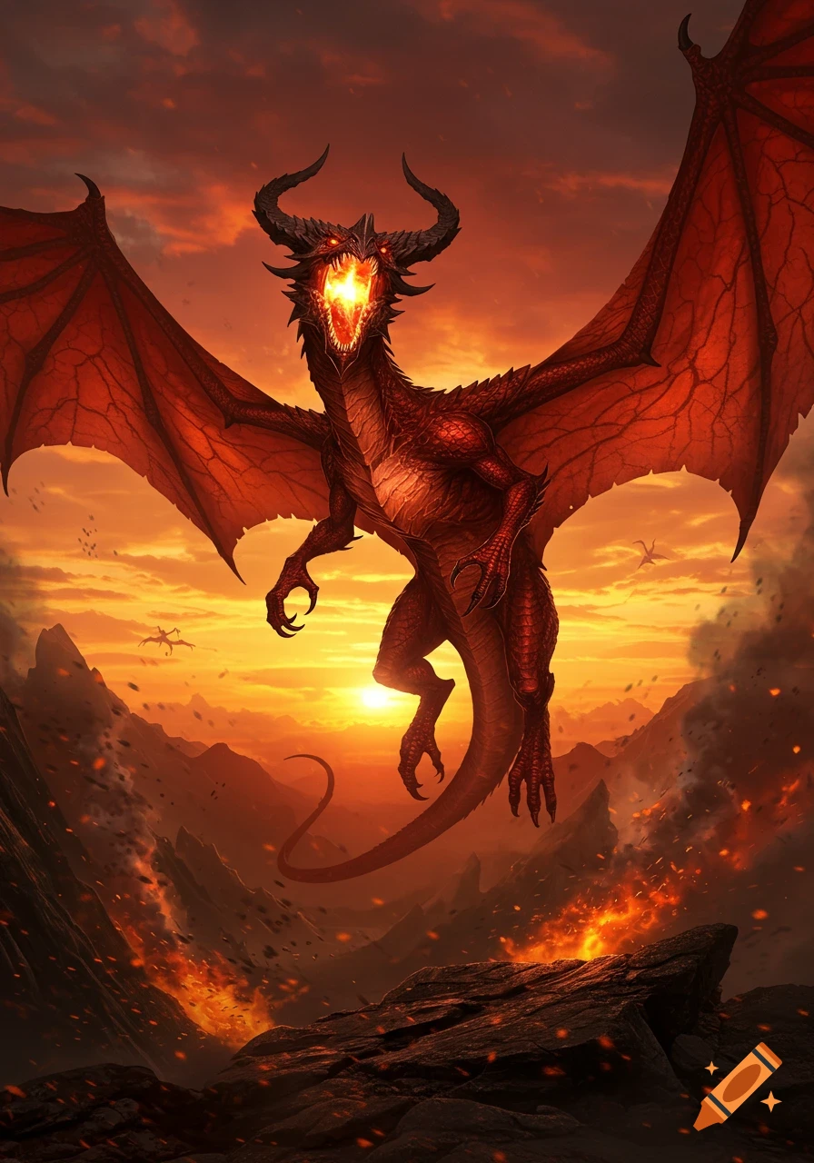 Giant red dragon with glowing eyes breathes fire over a volcanic landscape at sunset, digital art.