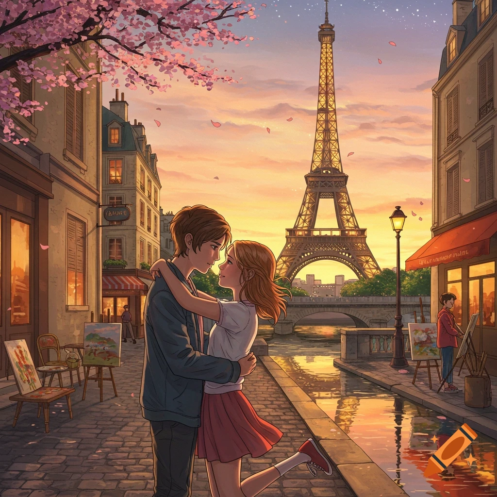 Anime couple hugging in Paris at sunset, with the Eiffel Tower and cherry blossoms framing a canal-side street.