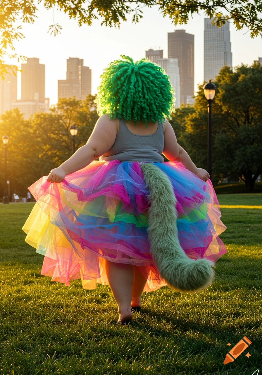 A person with bright green curly hair, a gray tank top, a rainbow tulle skirt, and a furry green tail walks barefoot in a grassy park at sunset, with a city skyline in the background.