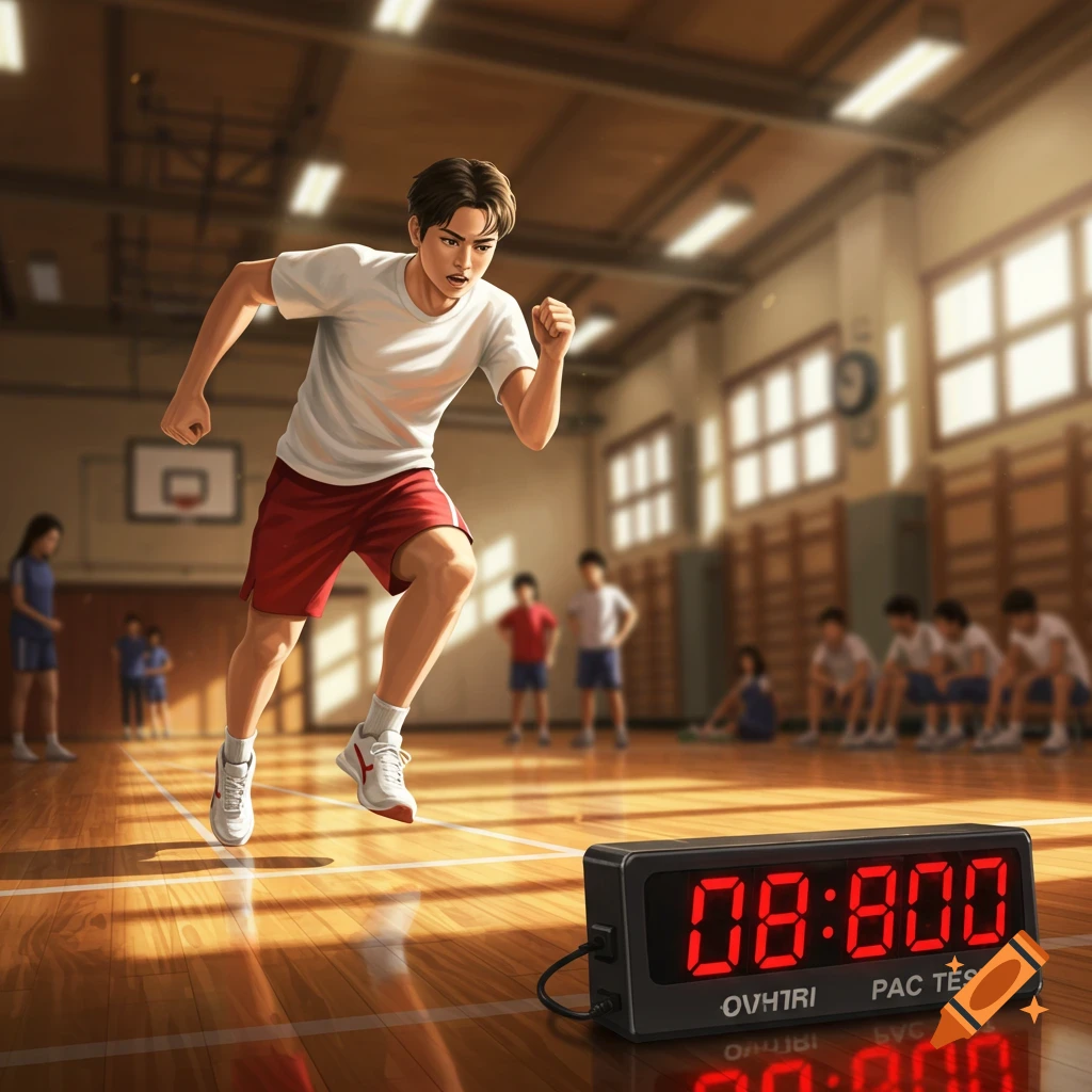 A student runs a pacer test in a school gym, with a digital timer displaying "08:800 OVHIRI PAC TEST" in the foreground.