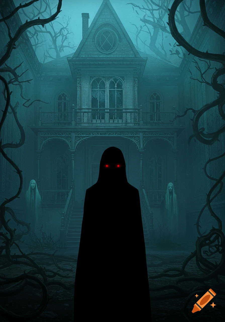 A cloaked figure with glowing red eyes stands before a haunted gothic mansion, flanked by two ghostly figures, amidst twisted branches and fog.