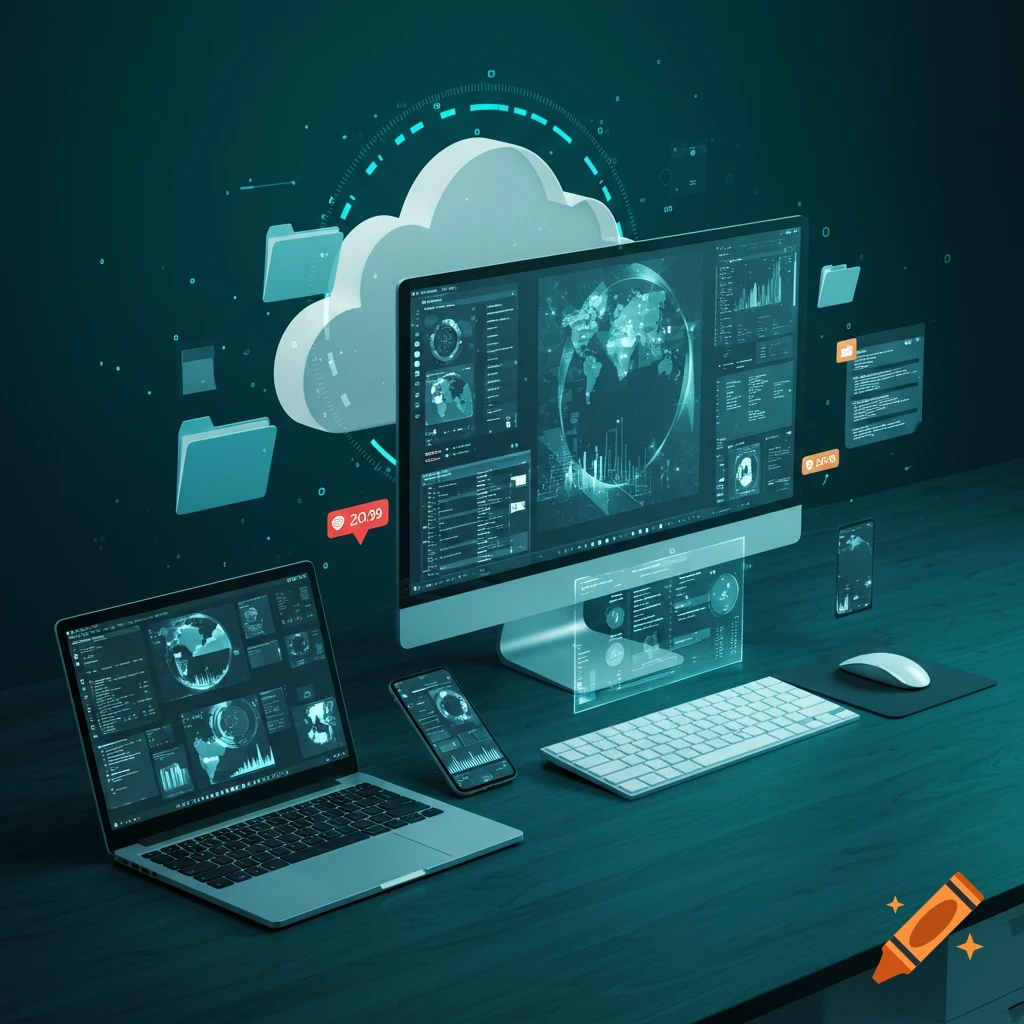 Two men, IT professionals, examine glowing holographic data screens in ...