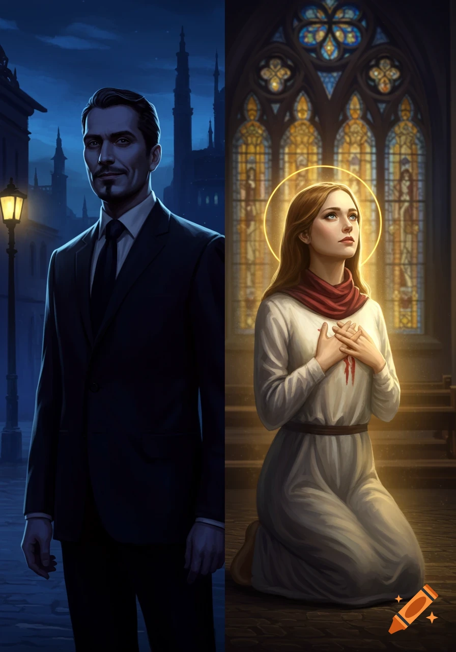 A split image. On the left, a man in a dark suit stands smiling deceptively on a dark street. On the right, a woman with a halo kneels praying in a church with stained glass.