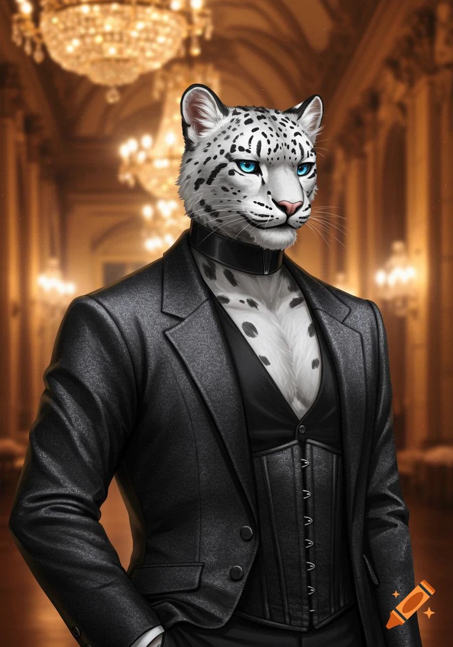 An anthropomorphic snow leopard in a black suit and corset stands in a grand hall with chandeliers.