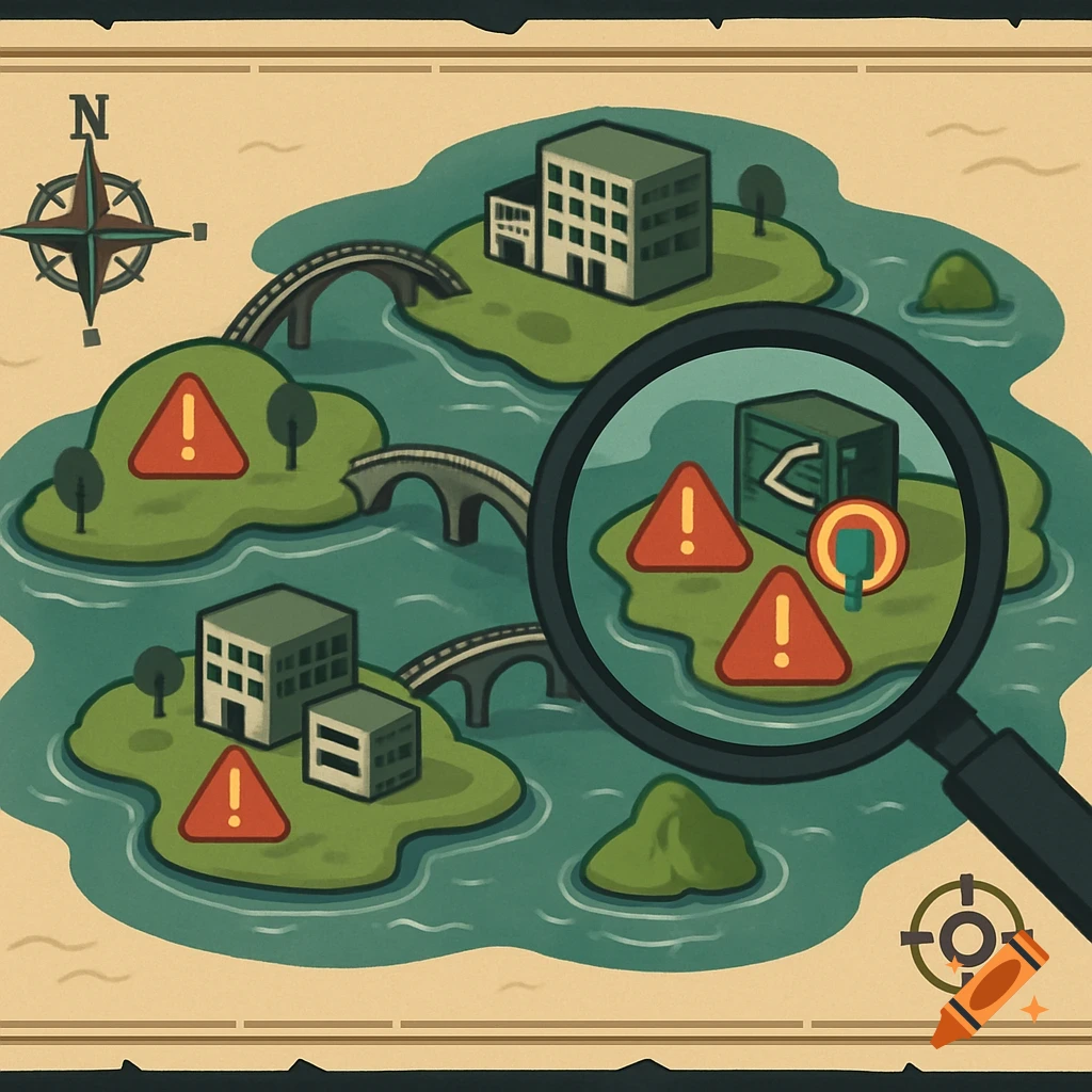 A stylized vector treasure map shows islands with buildings and bridges. A magnifying glass highlights a weak spot with warning symbols and a code-like symbol.