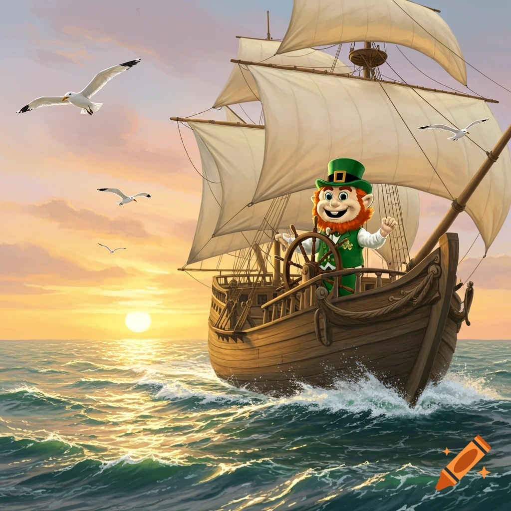 Cartoon leprechaun mascot steers a large wooden sailing ship at sunset on a wavy sea with seagulls flying.
