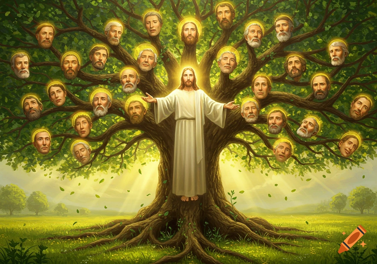 Jesus Christ as a tree of life, with his body forming the trunk and branches ending in the faces of apostles, set in a bright green field.