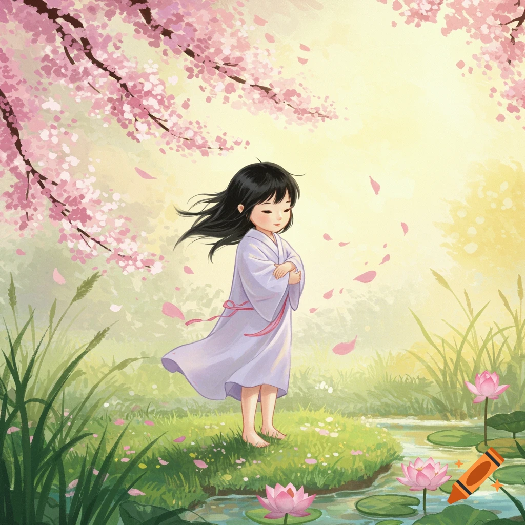 Illustrated child in a white robe standing by a pond with lotus flowers and falling pink cherry blossoms under a sunny sky.