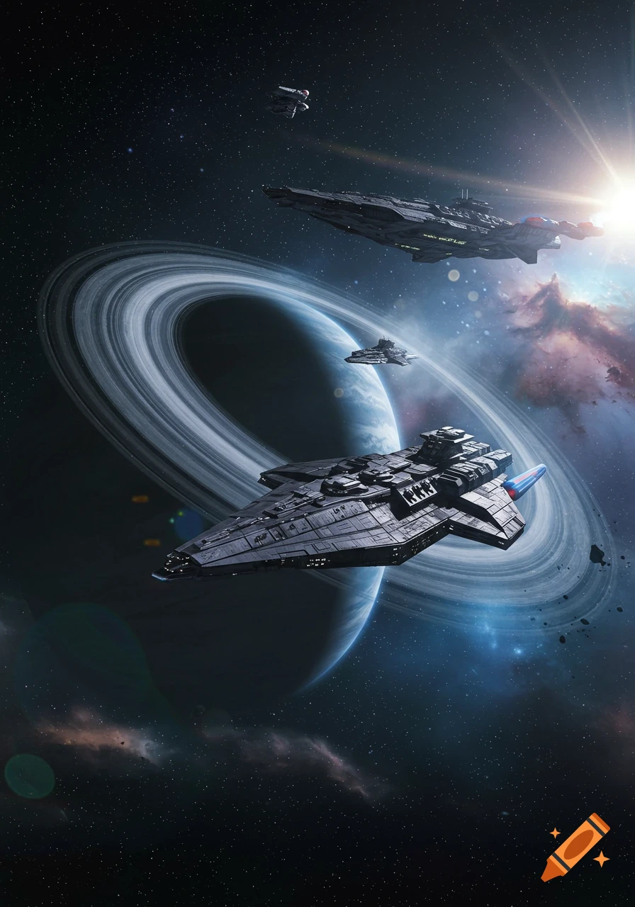 Several large spaceships orbit a ringed planet in a vibrant, star-filled cosmos with distant nebulae and a bright sun.