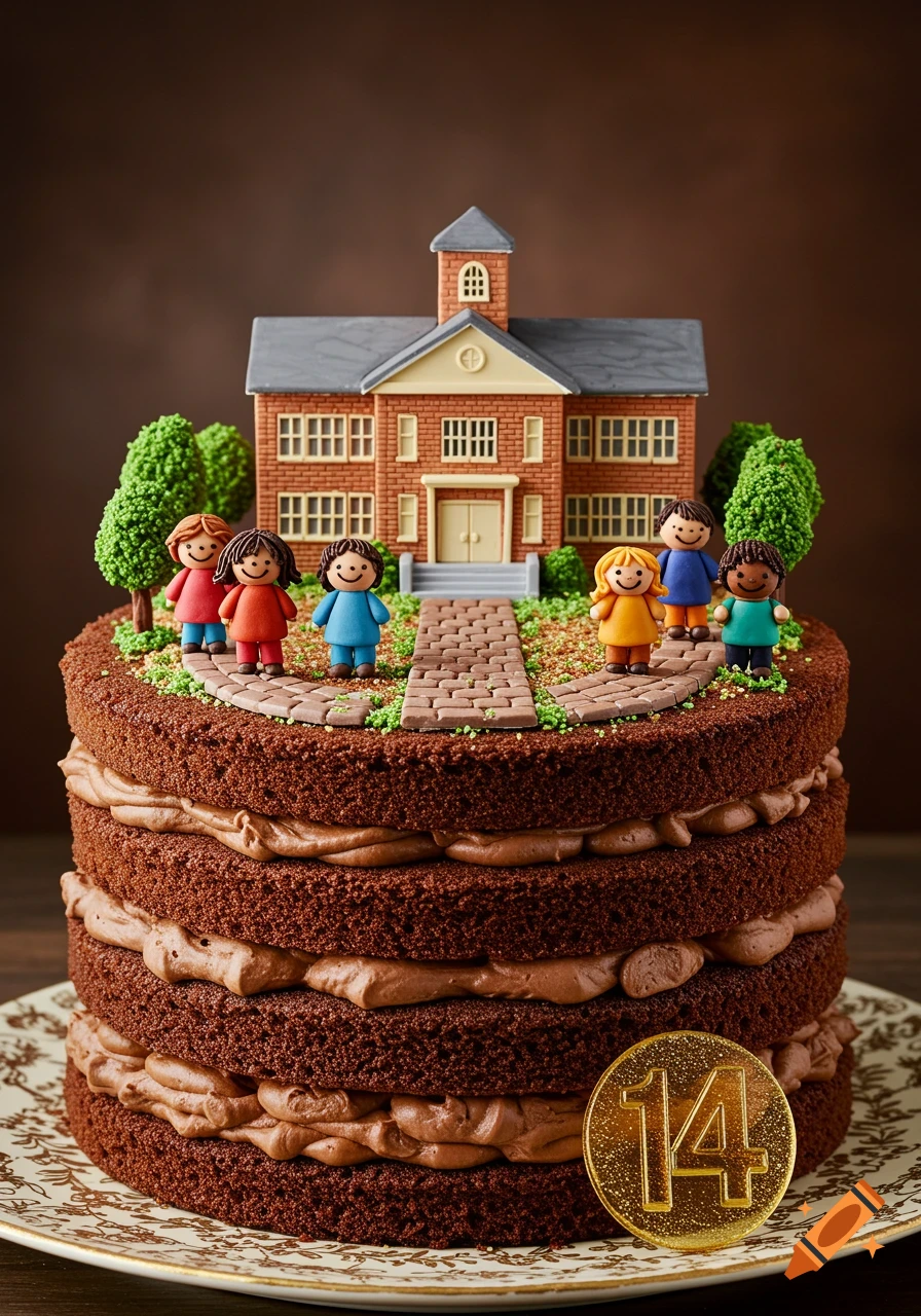 A multi-layered chocolate cake decorated with a miniature school, trees, and colorful child figurines, with a golden '14' disk.