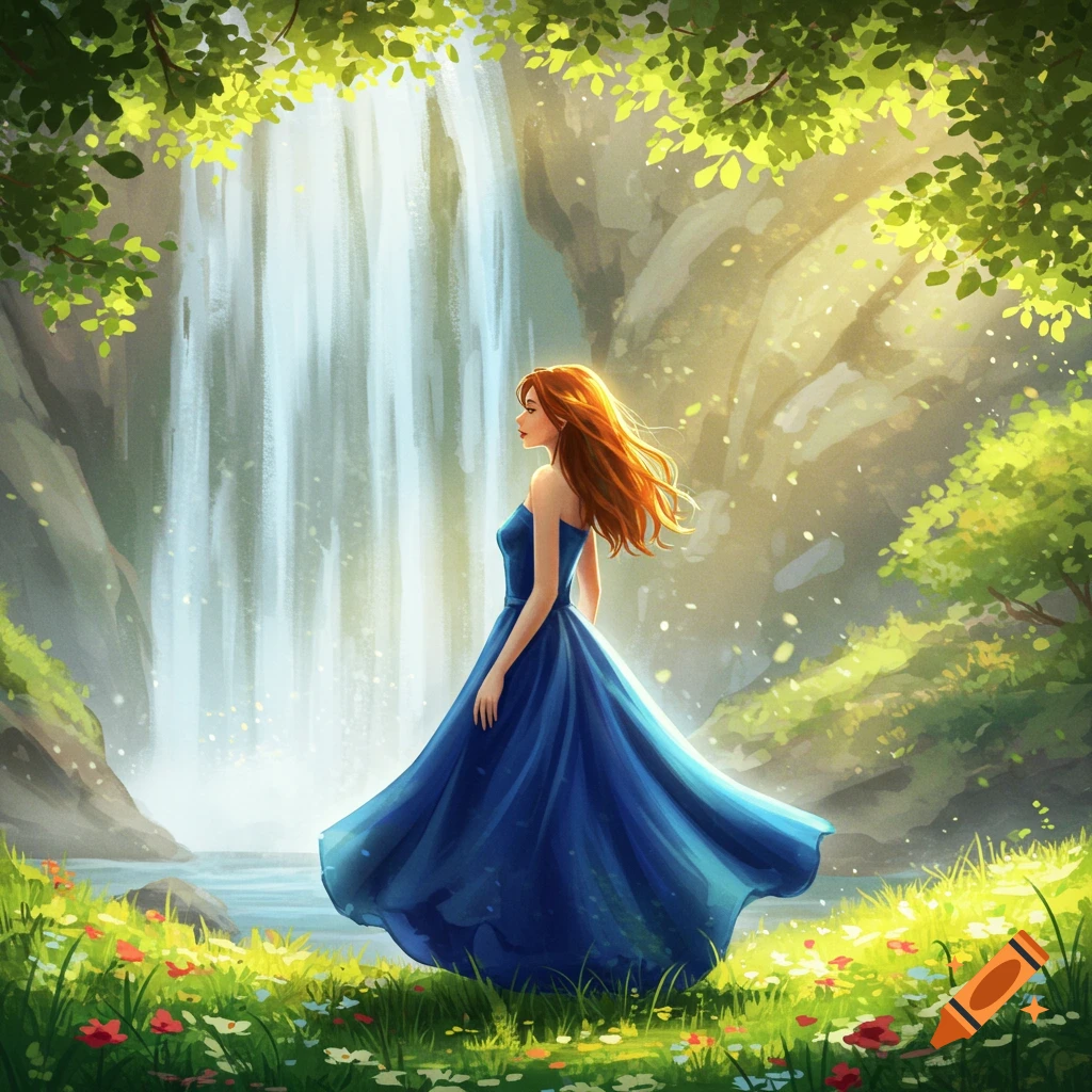 A stylized illustration of a woman with red hair in a flowing blue dress standing by a waterfall in a sunlit forest.
