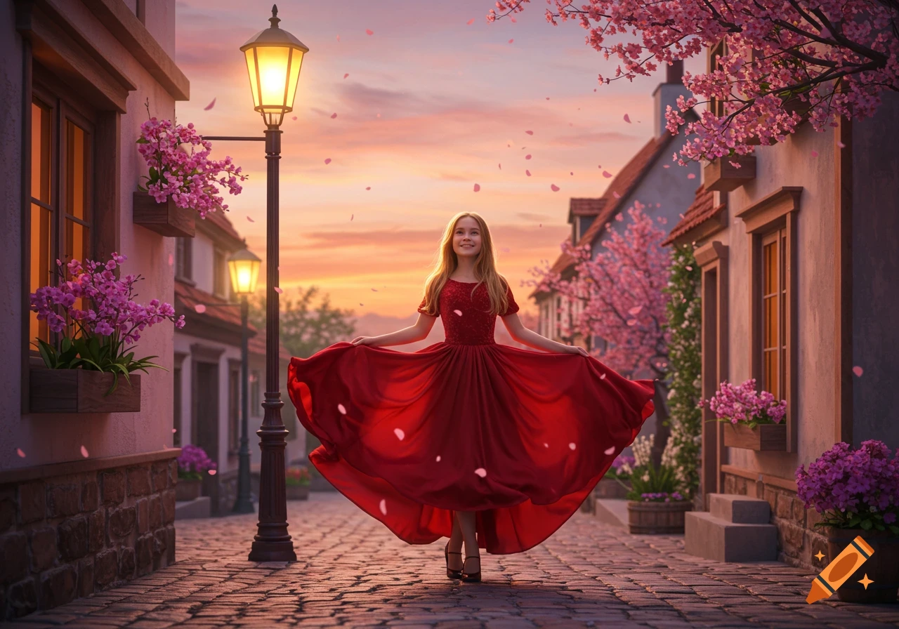 A young girl in a vibrant red dress stands on a cobblestone street lined with cherry blossom trees and lanterns at sunset.