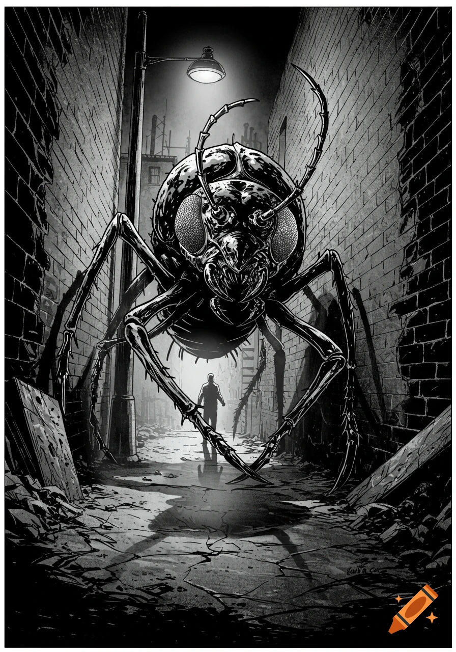 A giant menacing insect looms over a lone man in a dark, gritty black and white comic book style alley.