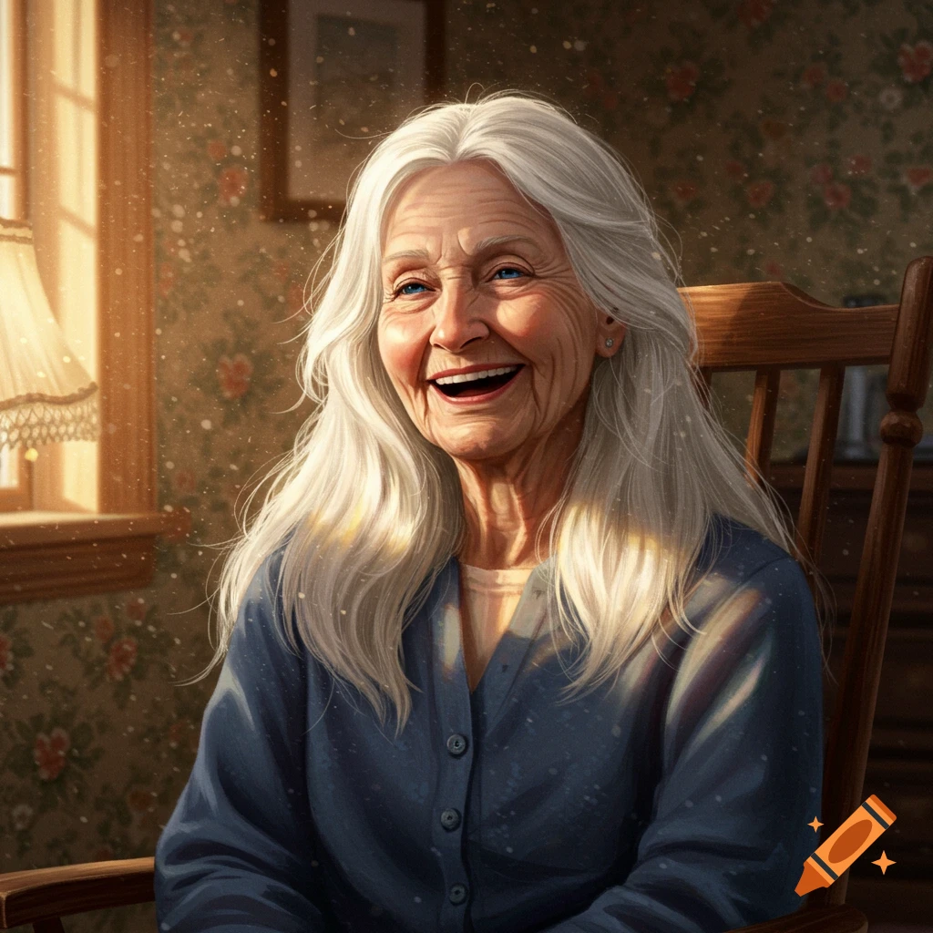 An elderly woman with long white hair and blue eyes laughs joyfully while sitting in a wooden rocking chair, bathed in sunlight indoors.