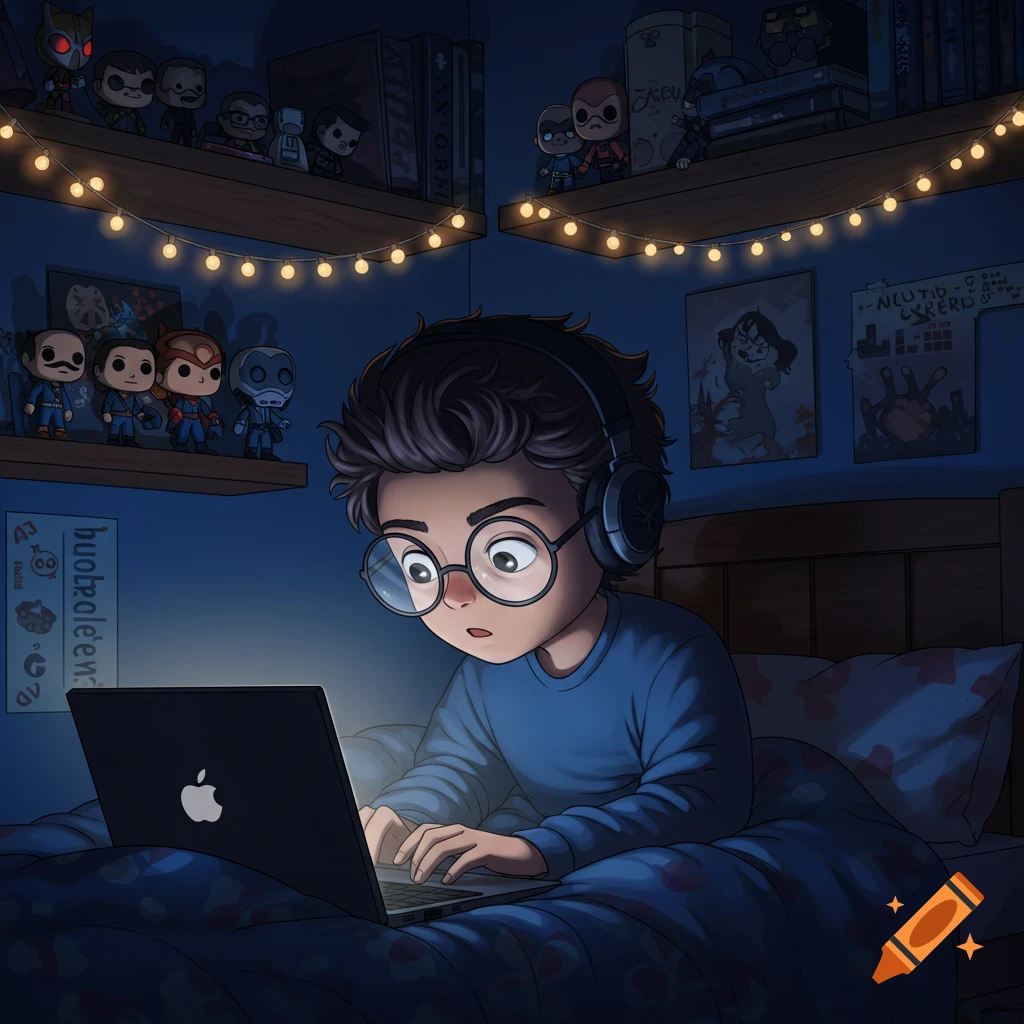 An illustrated boy with headphones and glasses uses a glowing laptop in bed, surrounded by pop culture figurines and string lights in a dark room.