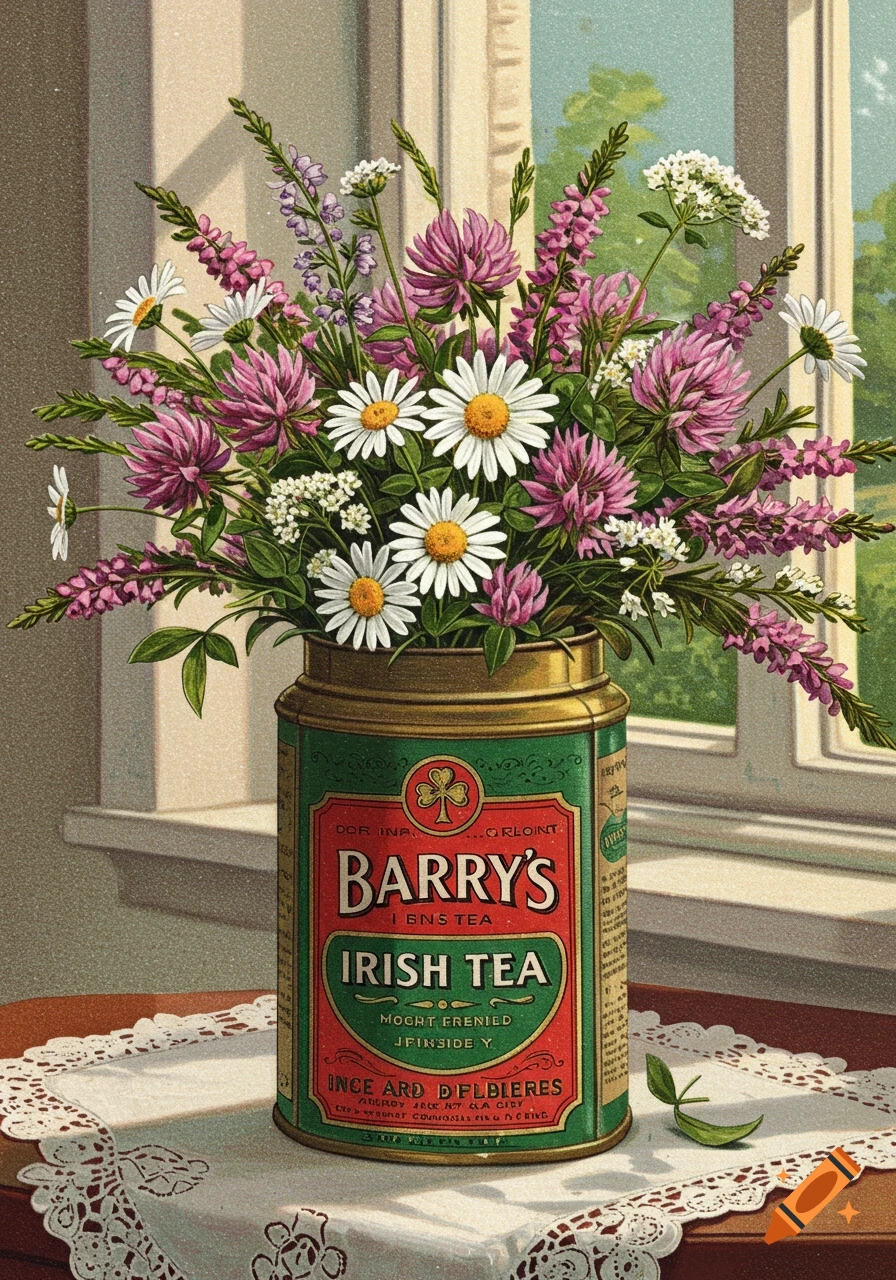 A vintage-style illustration of a Barry's Irish Tea tin as a vase, holding a bouquet of colorful wild Irish flowers on a table next to a window.