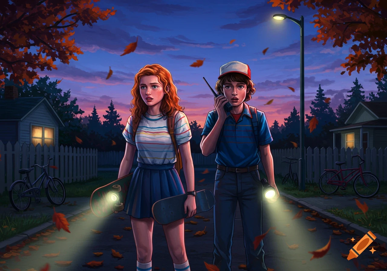 Stylized illustration of Max Mayfield and Will Byers walking down a suburban street at dusk, surrounded by autumn leaves. Max holds a skateboard, Will a walkie-talkie and flashlight.