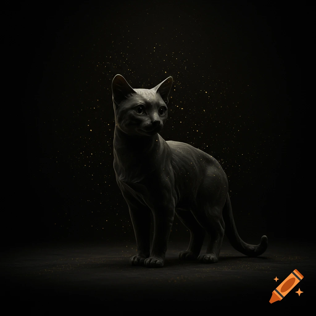 Dark, mysterious cat sculpture in profile, surrounded by sparkling golden dust on a black background.