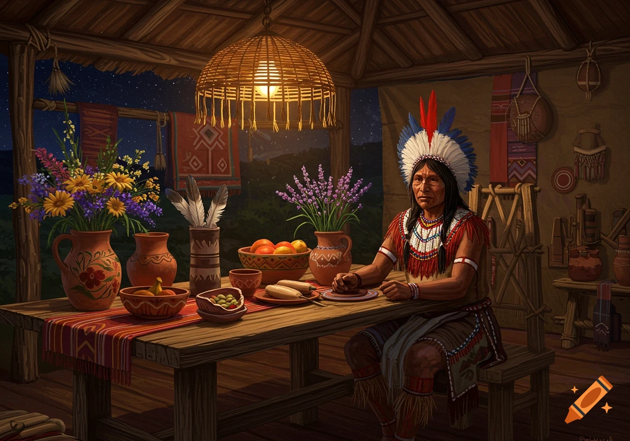 Illustration of an indigenous person in traditional attire and feathered headdress at a dinner table in a rustic hut at night.